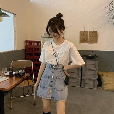 Denim Skirt with Colorful Buttons - Asian Fashion Lianox