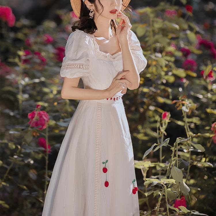 Shortsleeved Dress With Cherry Embroidery - Asian Fashion Lianox