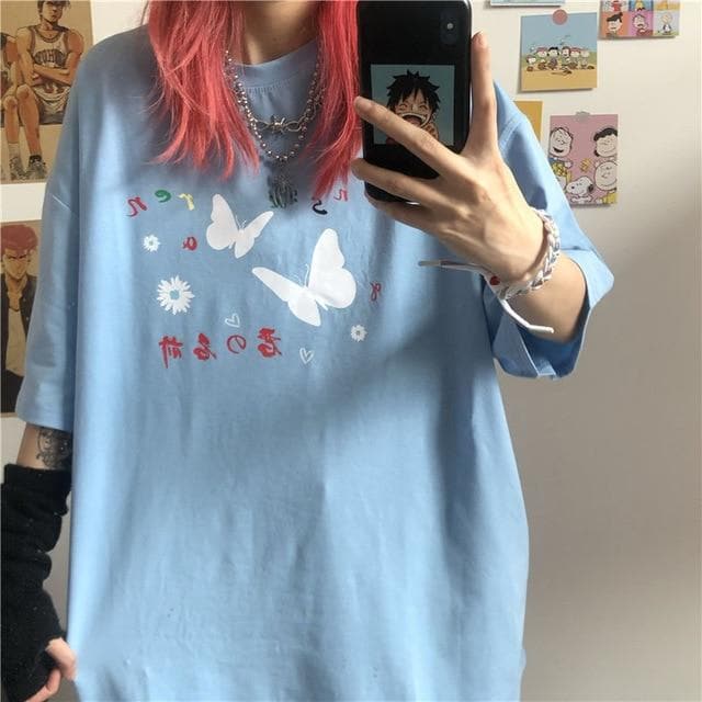 Butterfly Tee with Japanese Lettering - Asian Fashion Lianox