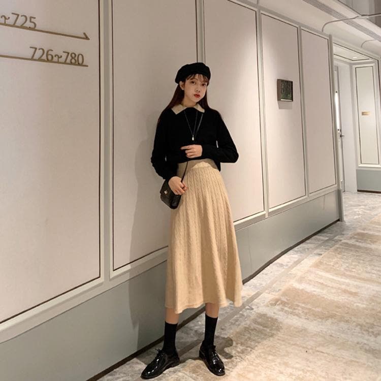 Ribbed A-Line Midi Skirt With High Waist - Asian Fashion Lianox