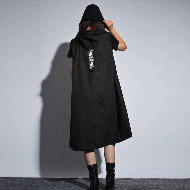 Hooded Dress/Coat With Lettering On Drawstring And Zipper - Asian Fashion Lianox
