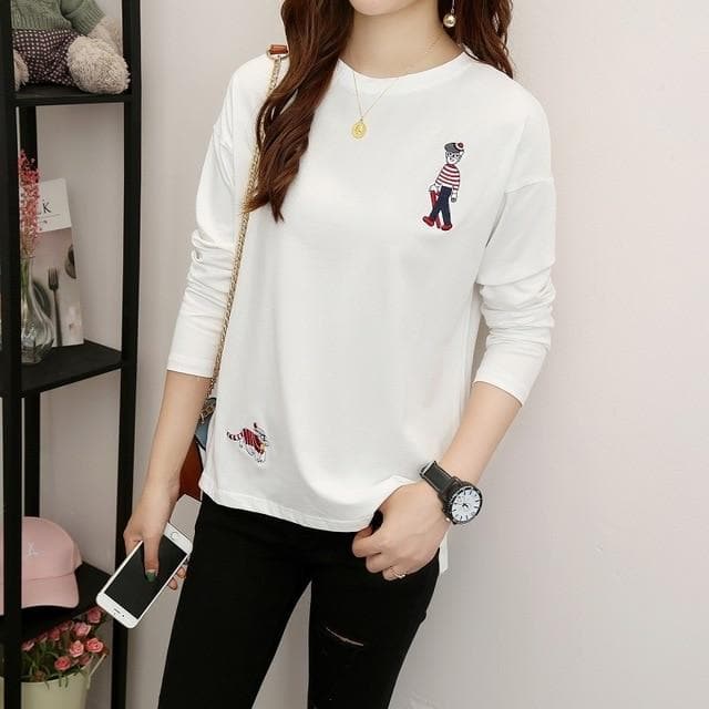 Basic Longsleeve Shirt with Embroidery - Asian Fashion Lianox