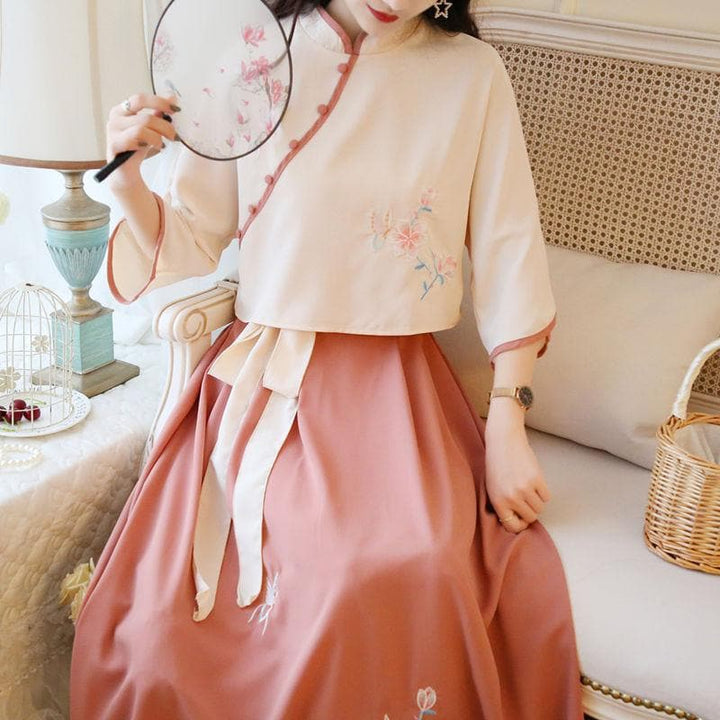 Hanfu Dress Set With Flower Embroidery - Asian Fashion Lianox