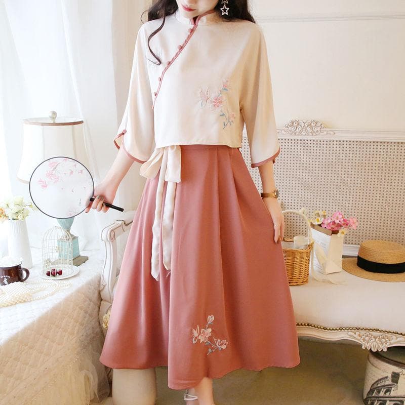 Hanfu Dress Set With Flower Embroidery - Asian Fashion Lianox