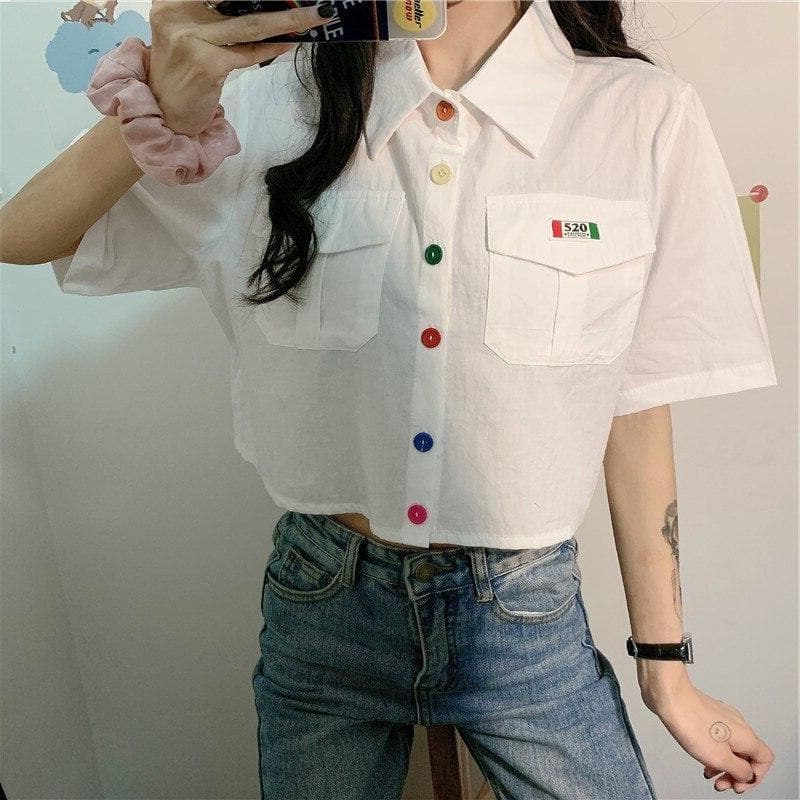 Cropped Blouse With Colorful Buttons and Wide Sleeves - Asian Fashion Lianox