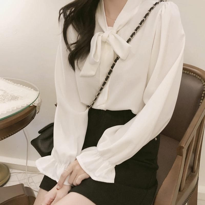 Bow Tie Chiffon Blouse - Asian Fashion Lianox