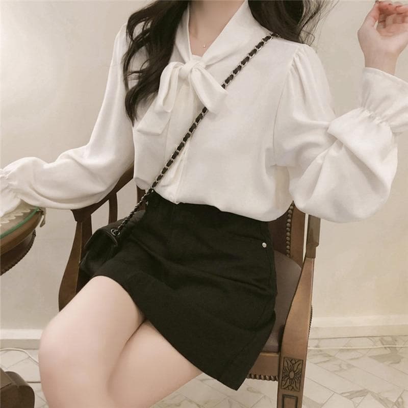 Bow Tie Chiffon Blouse - Asian Fashion Lianox