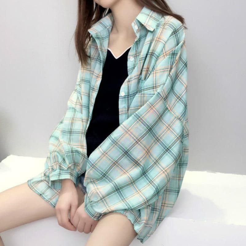 Plaid Shirt with Balloon Sleeves - Asian Fashion Lianox