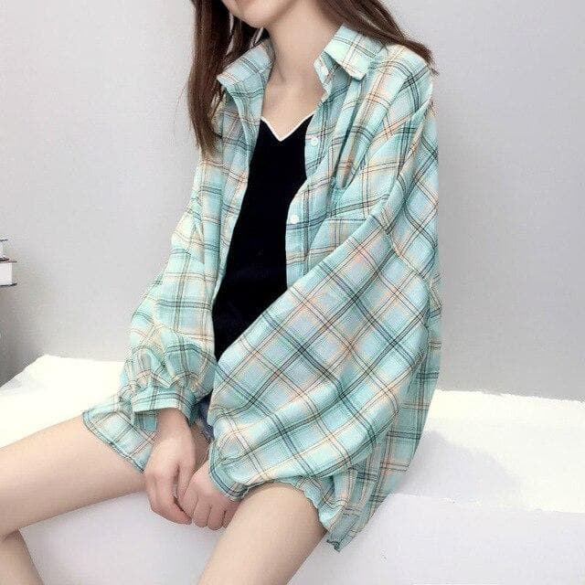 Plaid Shirt with Balloon Sleeves - Asian Fashion Lianox