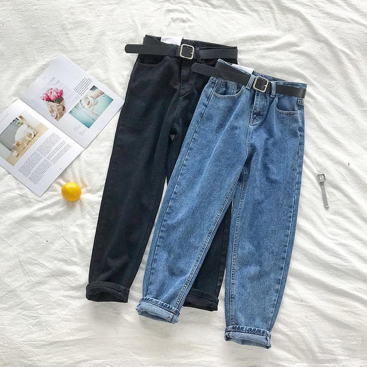 BF Style High Waist Jeans with Belt - Asian Fashion Lianox