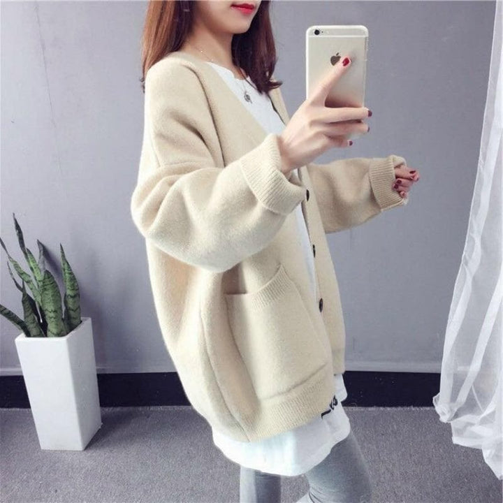 Buttoned Cardigan with Large Pockets - Asian Fashion Lianox