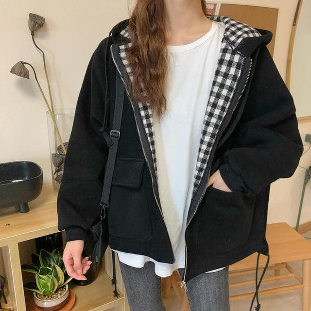 Hooded Jacket with Plaid Pattern - Asian Fashion Lianox