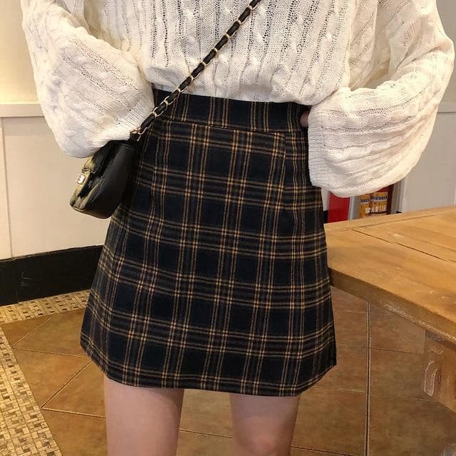 A-Line High Waist Skirt with Plaid Pattern - Asian Fashion Lianox