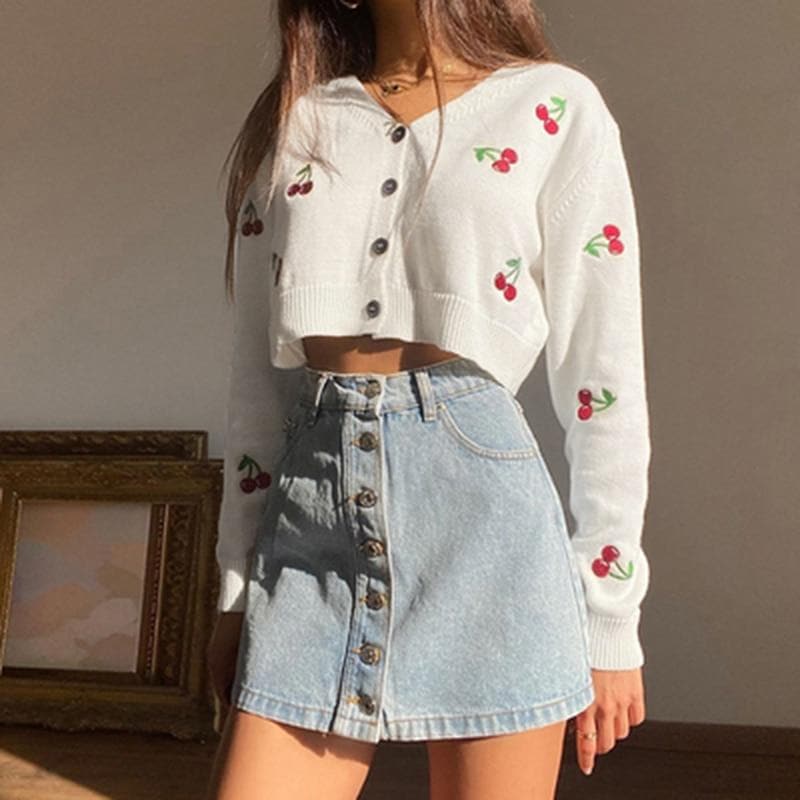 Cropped Cardigan With Cherry Embroidery - Asian Fashion Lianox