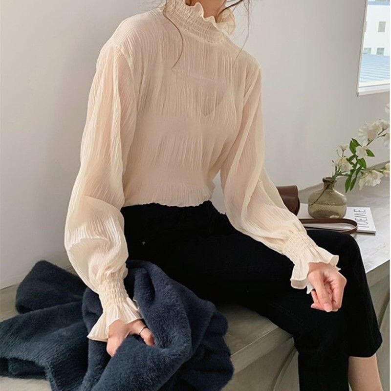 Transparent High-Neck Longsleeve Shirt - Asian Fashion Lianox
