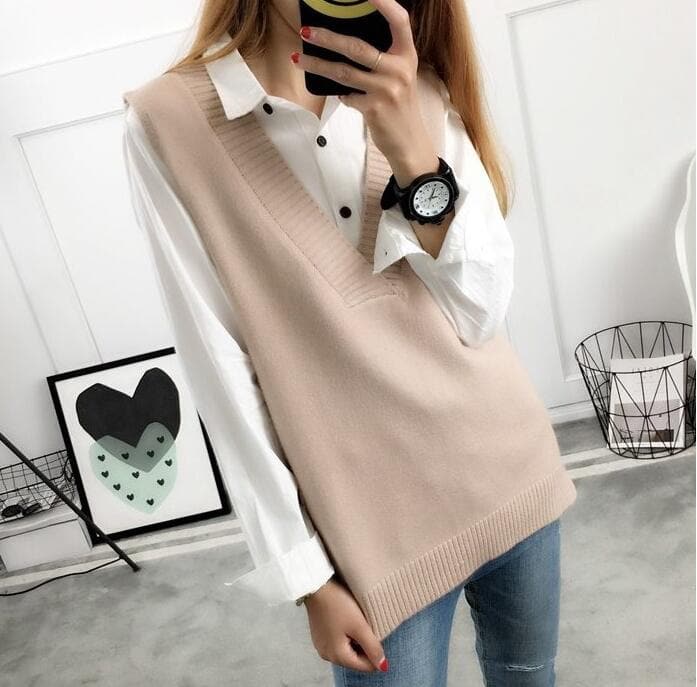 Knit Vest with Low V-Neck - Asian Fashion Lianox