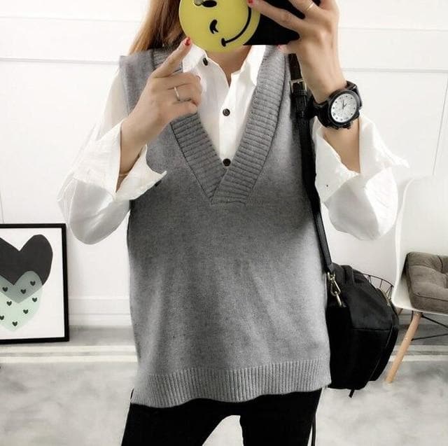 Knit Vest with Low V-Neck - Asian Fashion Lianox