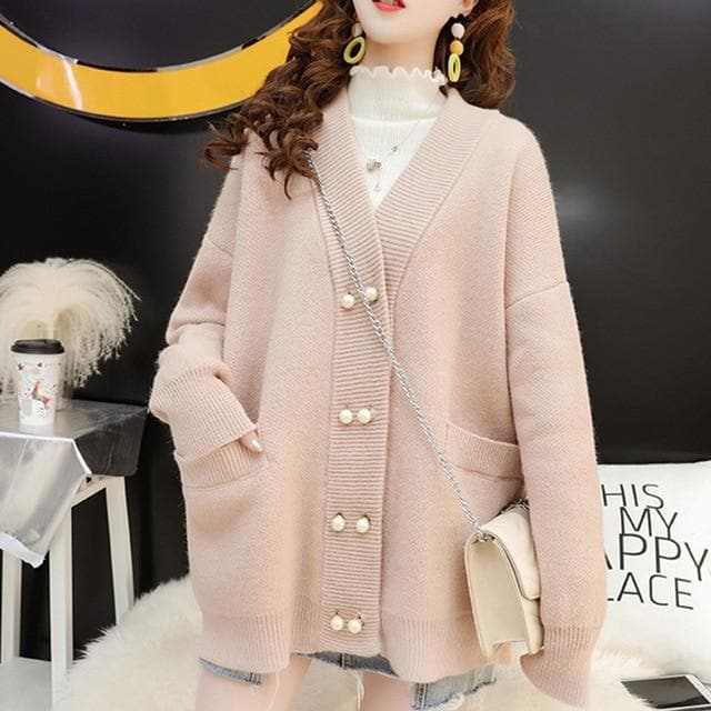 Cardigan with Pearl Buttons - Asian Fashion Lianox