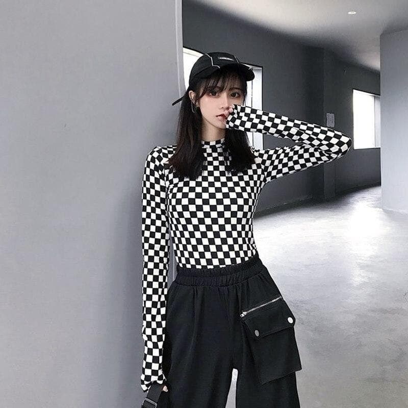 Checkered Longsleeve Shirt - Asian Fashion Lianox