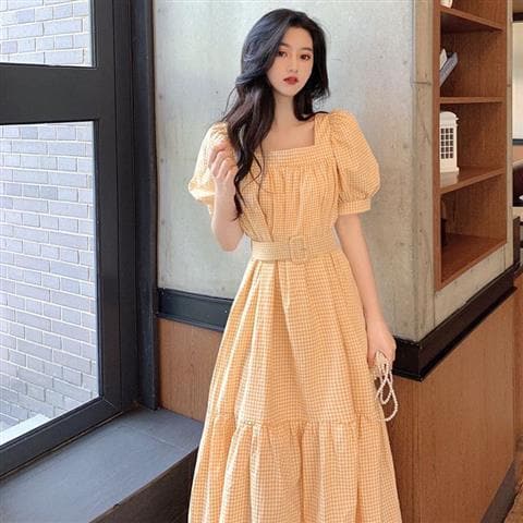 Long Vintage Plaid Dress With Puff Sleeves And Belt - Asian Fashion Lianox