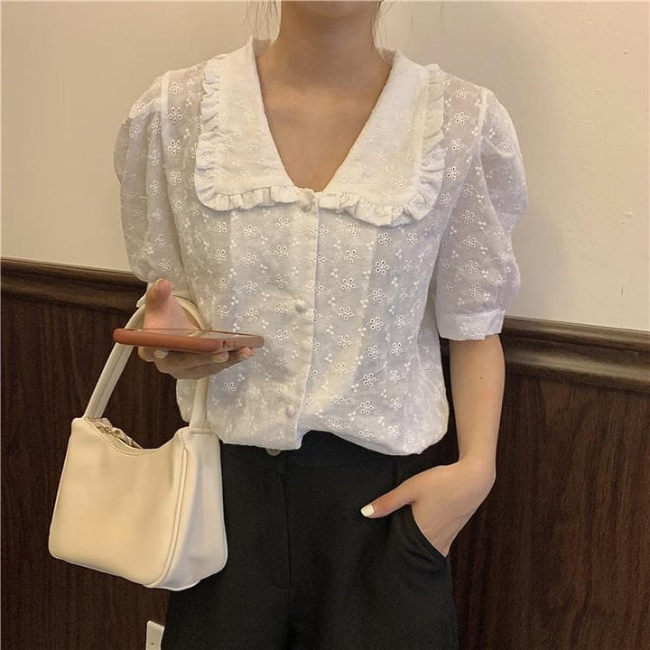 Vintage Style Blouse with Puff Sleeves - Asian Fashion Lianox