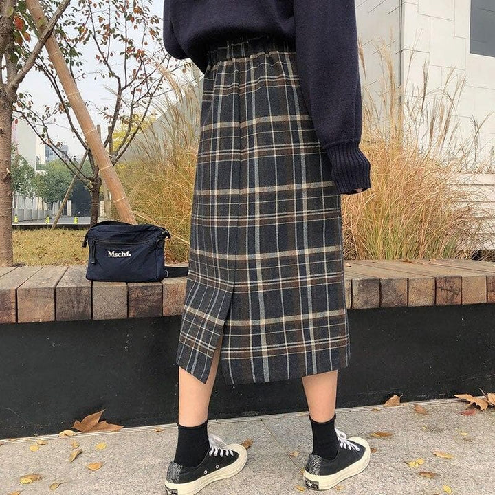 Plaid High Waist Skirt with Back Split - Asian Fashion Lianox