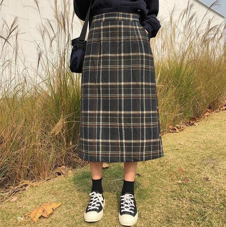 Plaid High Waist Skirt with Back Split - Asian Fashion Lianox