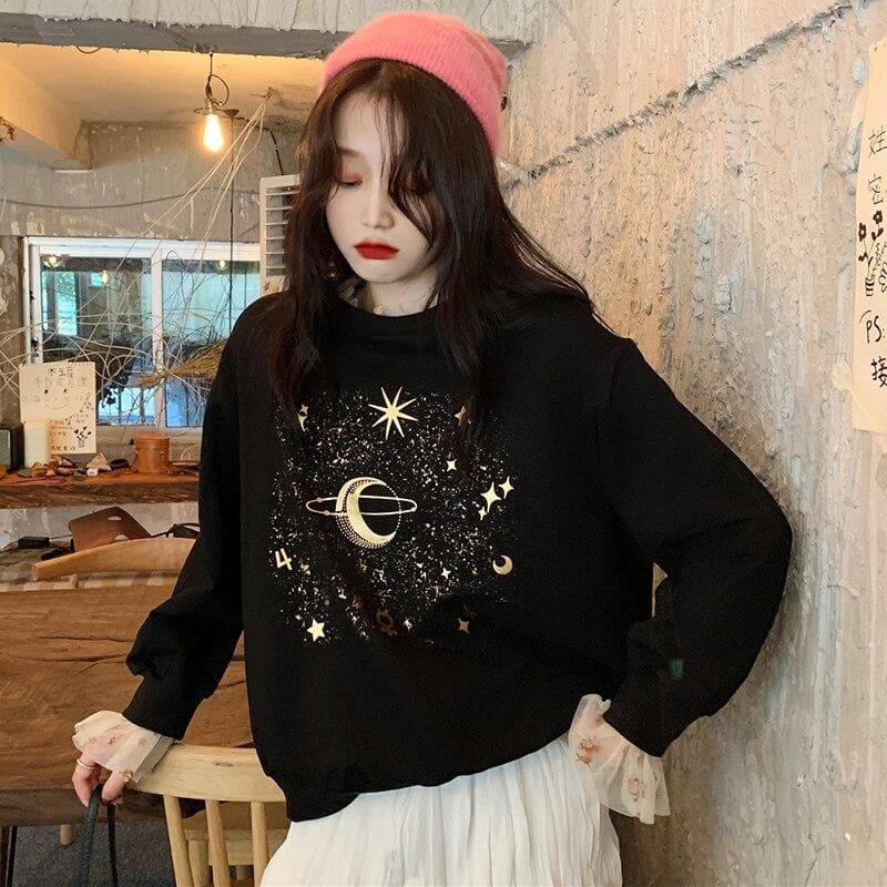 Sweater With Moon And Stars Print - Asian Fashion Lianox