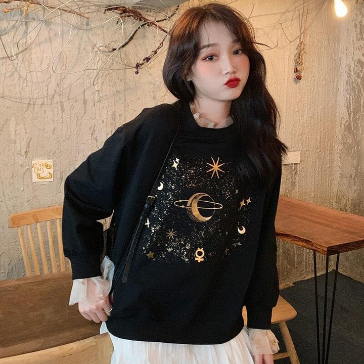 Sweater With Moon And Stars Print - Asian Fashion Lianox