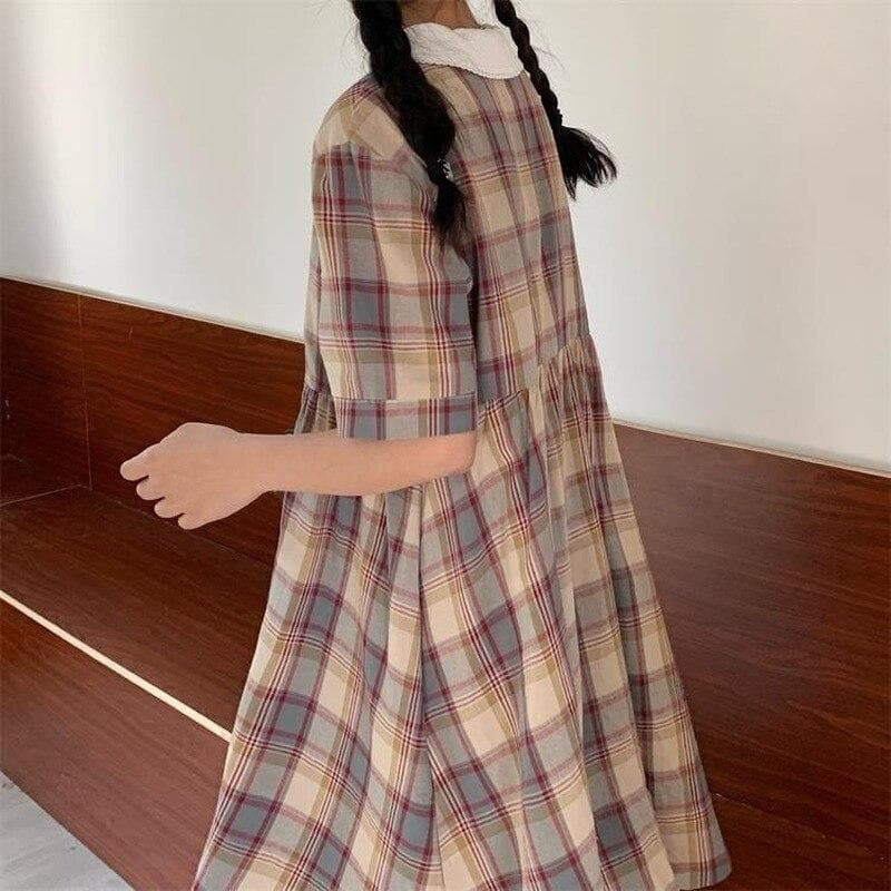 Plaid Shortsleeved Dress With Buttons And Peter Pan Collar - Asian Fashion Lianox