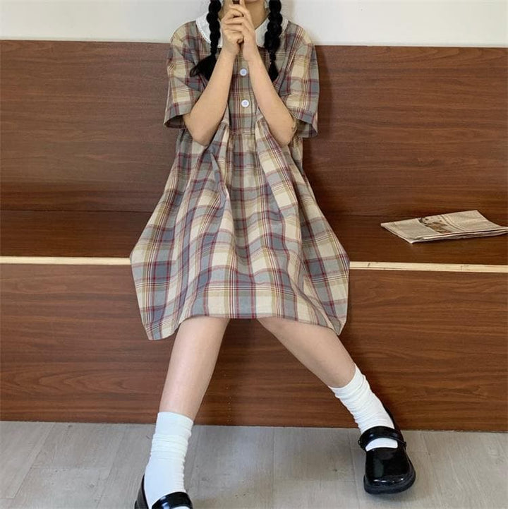 Plaid Shortsleeved Dress With Buttons And Peter Pan Collar - Asian Fashion Lianox