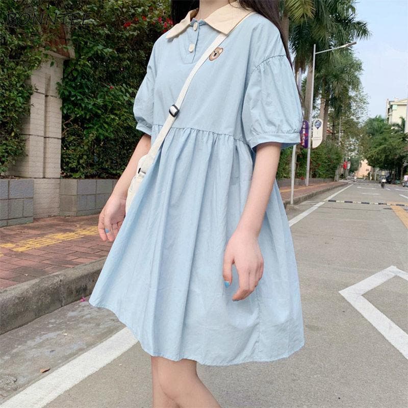 Collared Midi Dress With Teddy Embroidery - Asian Fashion Lianox