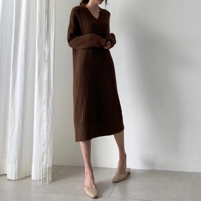 Knit V-Neck Dress - Asian Fashion Lianox