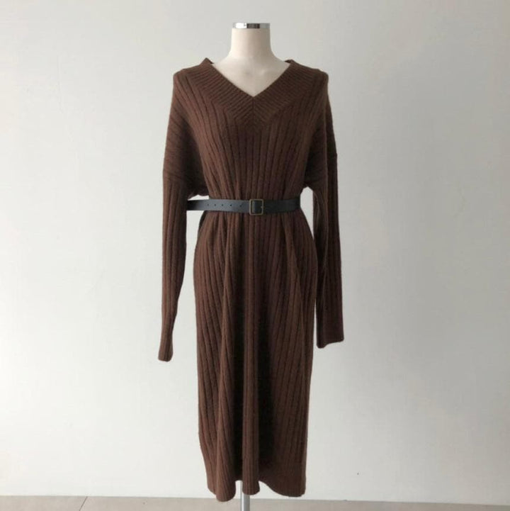 Knit V-Neck Dress - Asian Fashion Lianox