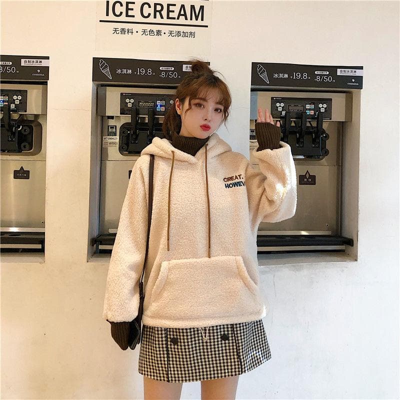 "GREAT HOWEVER" 2-in-1 Teddy Hoodie - Asian Fashion Lianox