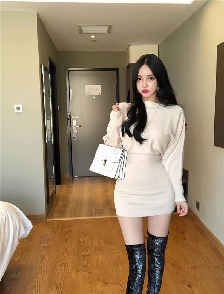 Knitted Bodycon Dress with Oversize Top - Asian Fashion Lianox