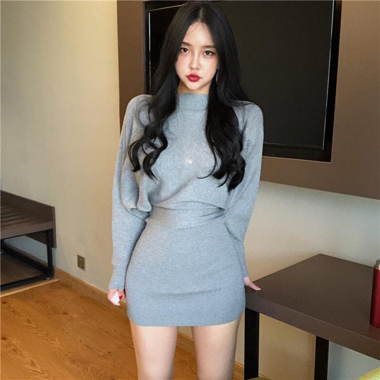 Knitted Bodycon Dress with Oversize Top - Asian Fashion Lianox