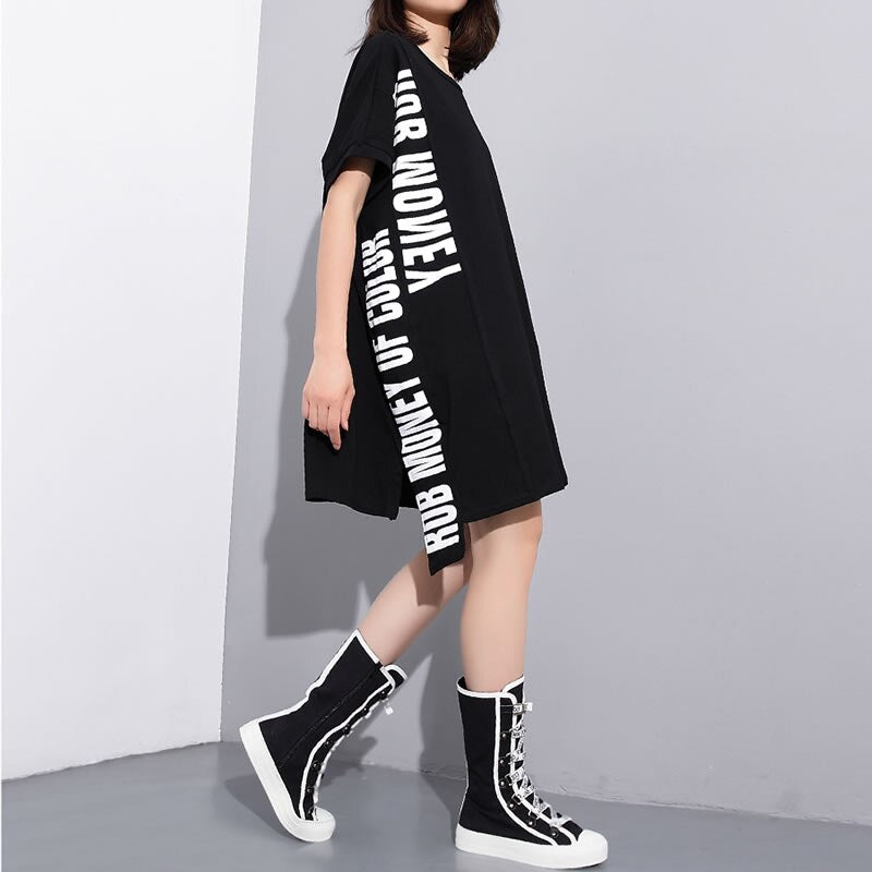 Asymmetrical T-Shirt Dress With Lettering And Mesh Insert