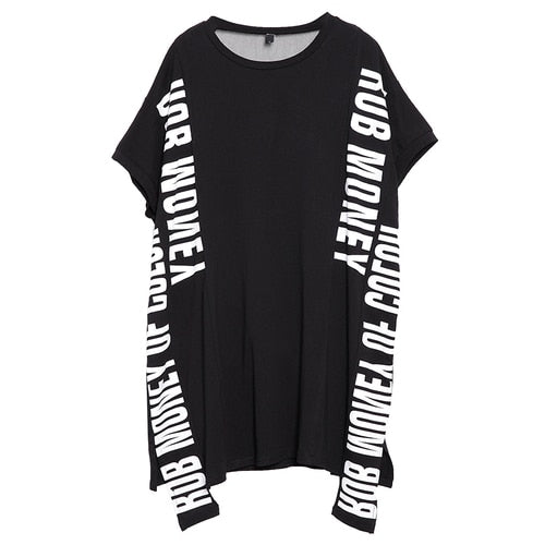 Asymmetrical T-Shirt Dress With Lettering And Mesh Insert