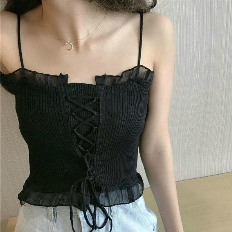 Camisole with Lacing Accents and Hem Ruffles - Asian Fashion Lianox