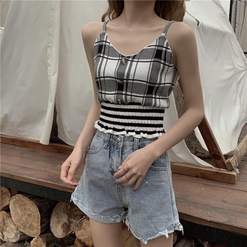 Plaid Camisole with Button Accents - Asian Fashion Lianox