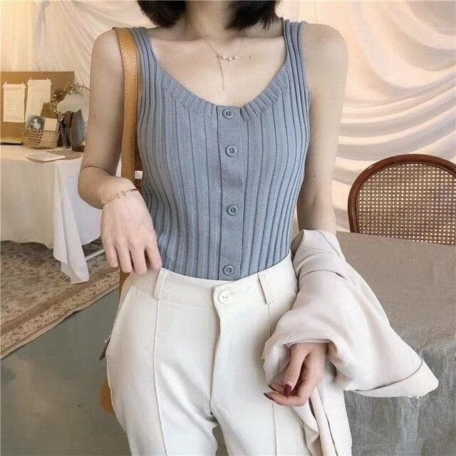 Knit Camisole with Buttons - Asian Fashion Lianox