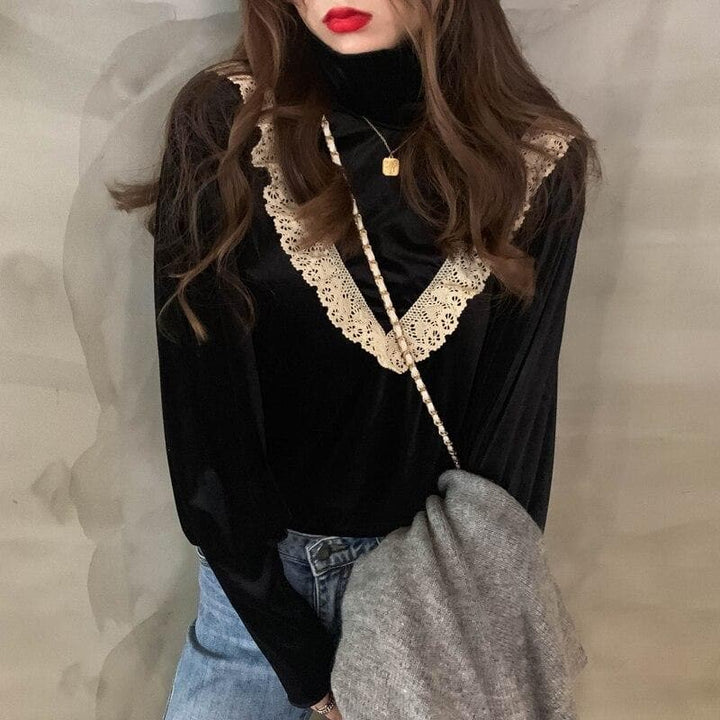 Velvet Turtleneck with Crochet Detail - Asian Fashion Lianox