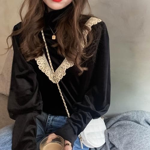 Velvet Turtleneck with Crochet Detail - Asian Fashion Lianox