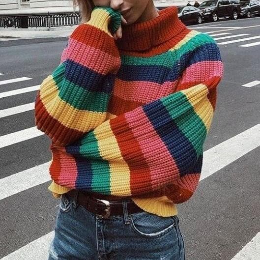 Rainbow Turtleneck Sweater - Asian Fashion Lianox