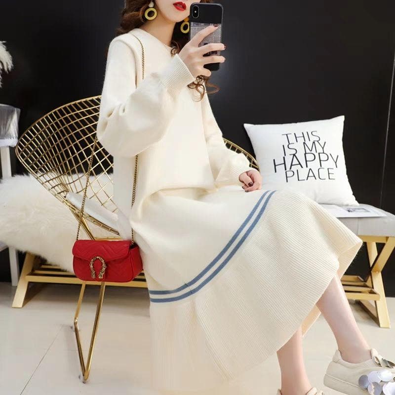 Maxi Sweater Dress with Flared Hem - Asian Fashion Lianox