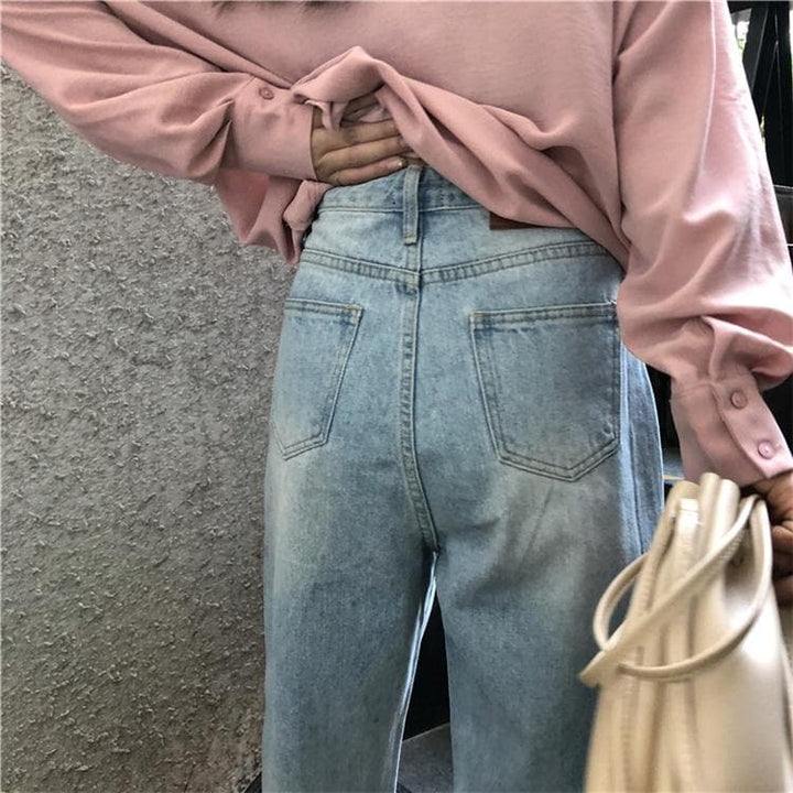 Full Length Wide-Leg Denim Pants - Asian Fashion Lianox