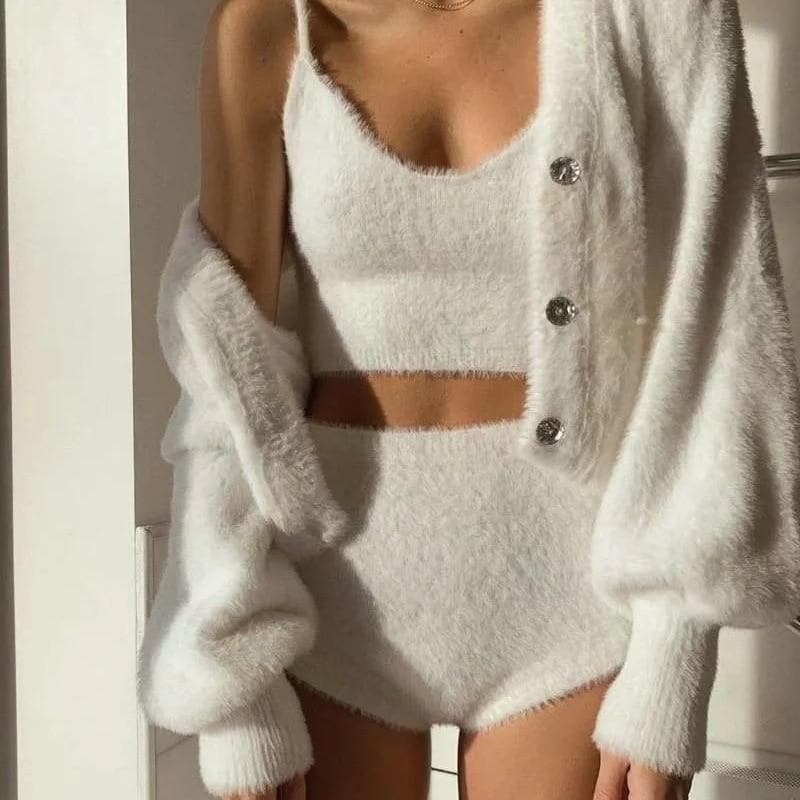 Super Soft and Fluffy Lounge Set (Panties / Top / Cardigan [Single Pieces]) - Asian Fashion Lianox