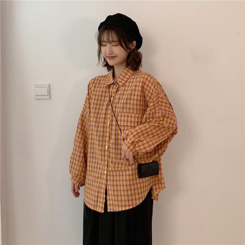 Buttoned Shirt With Gingham Pattern - Asian Fashion Lianox