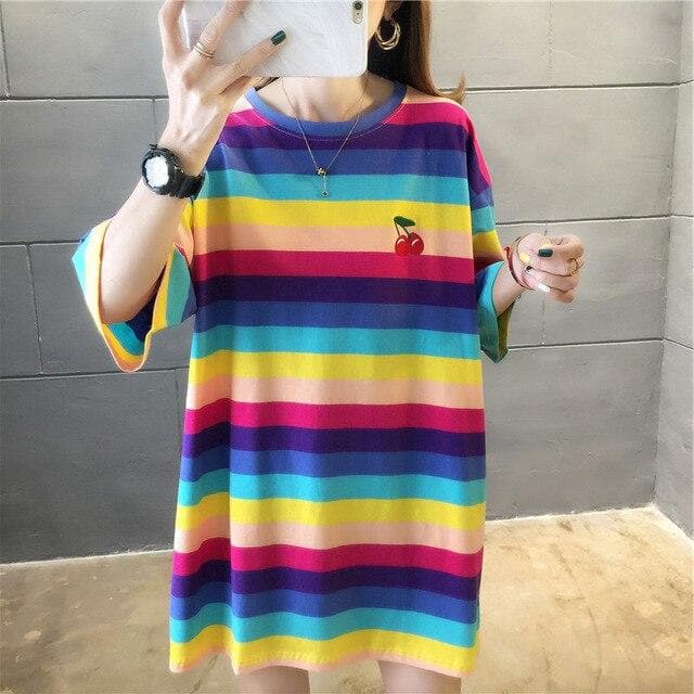 Rainbow Striped T-Shirt - Asian Fashion Lianox
